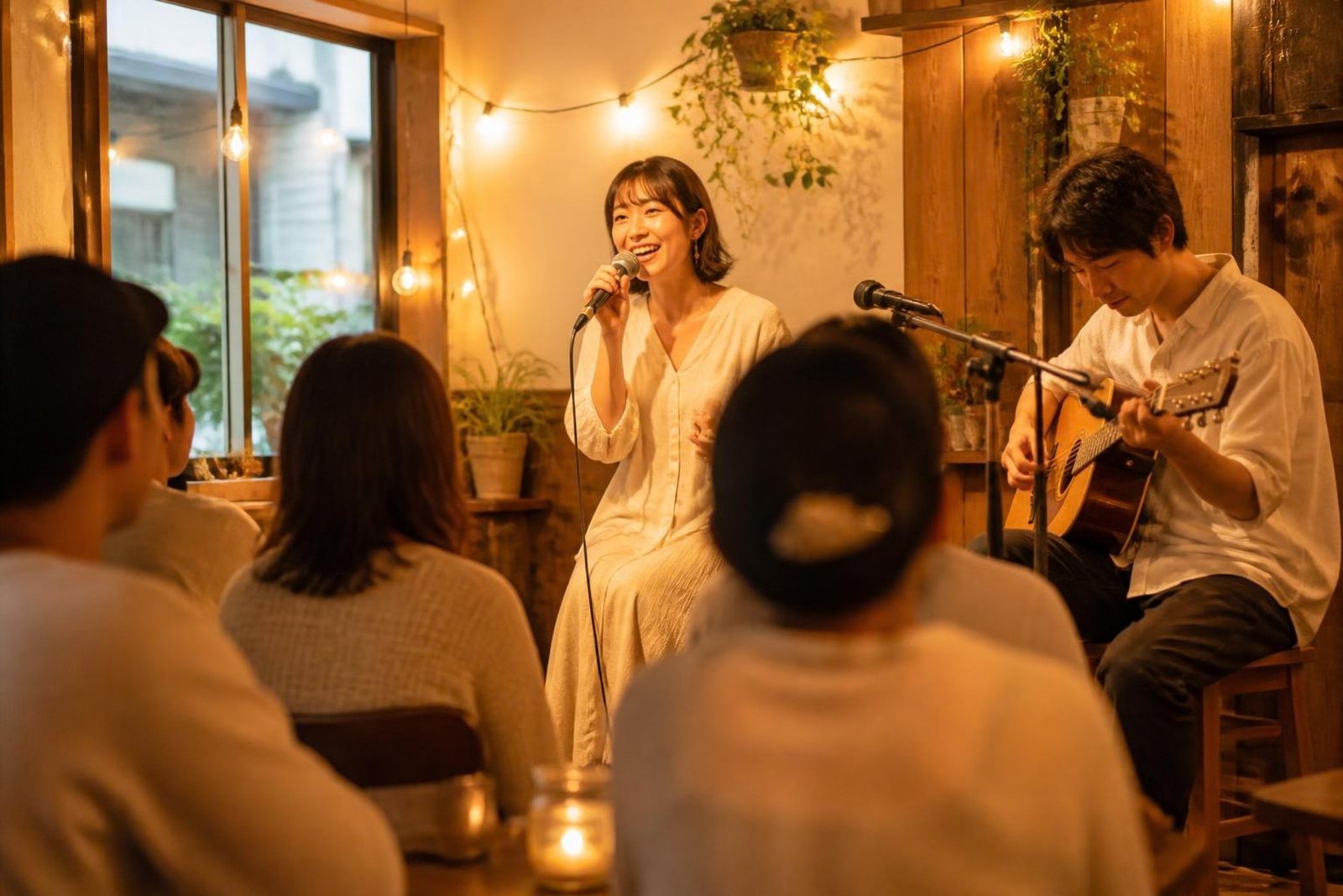 カフェのライブで歌う女性と客席